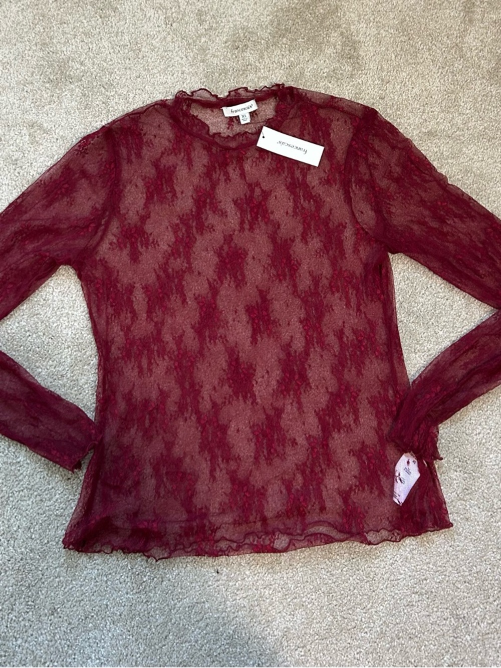 Francescas Collection Sheer Long-Sleeve Lace Top in Burgundy